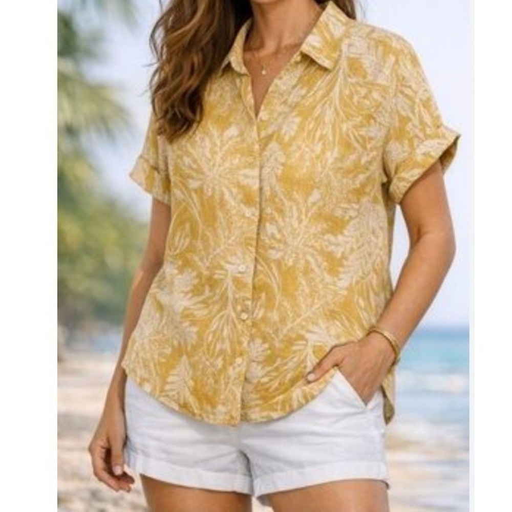 Linen Floral Button-Up Shirt Small